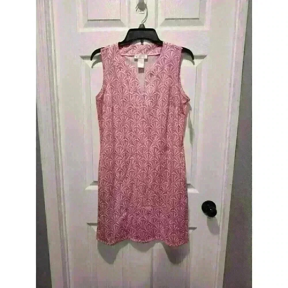 Stella Parker Size Small Sleeveless Sheath Dress Pink Shell Pattern With Pockets